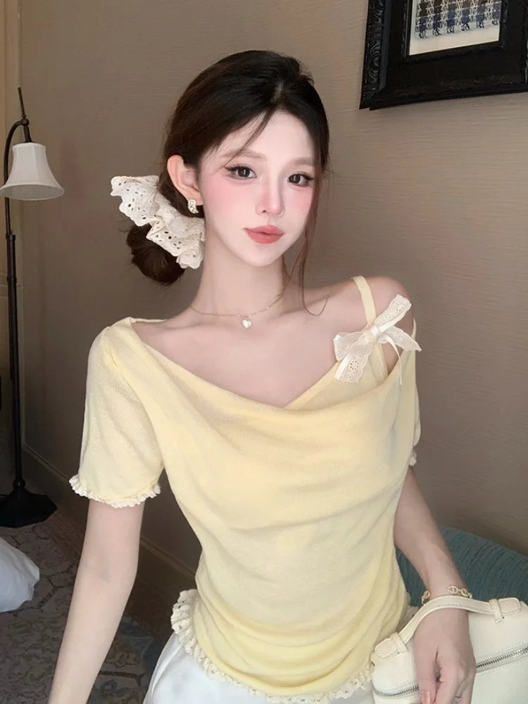

Korean Sweet Knot Short Sleeve Fake Two-Piece Patchwork Women's Summer New Pure Desire Swing Neck Slim Fit Top