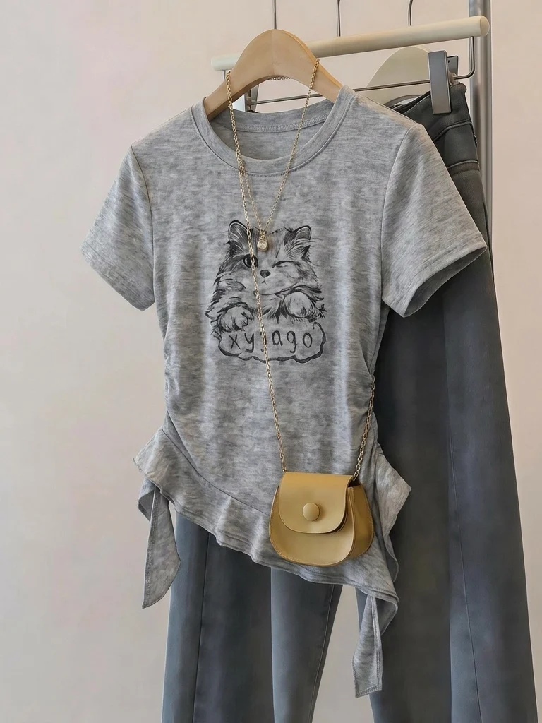 Gray Tie Dye  Shoulder Short Sleeve T Shirt Women's Summer New plus Size Slimming Asymmetrical Top Korean Style Commute