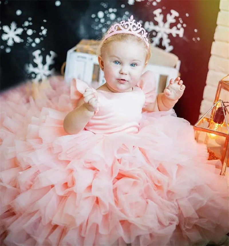 Pink Fluffy Baby Girl Gown Tulle with Long Train Infant Birthday Gown Princess Flower Girl Dress Christmas New Year Gift