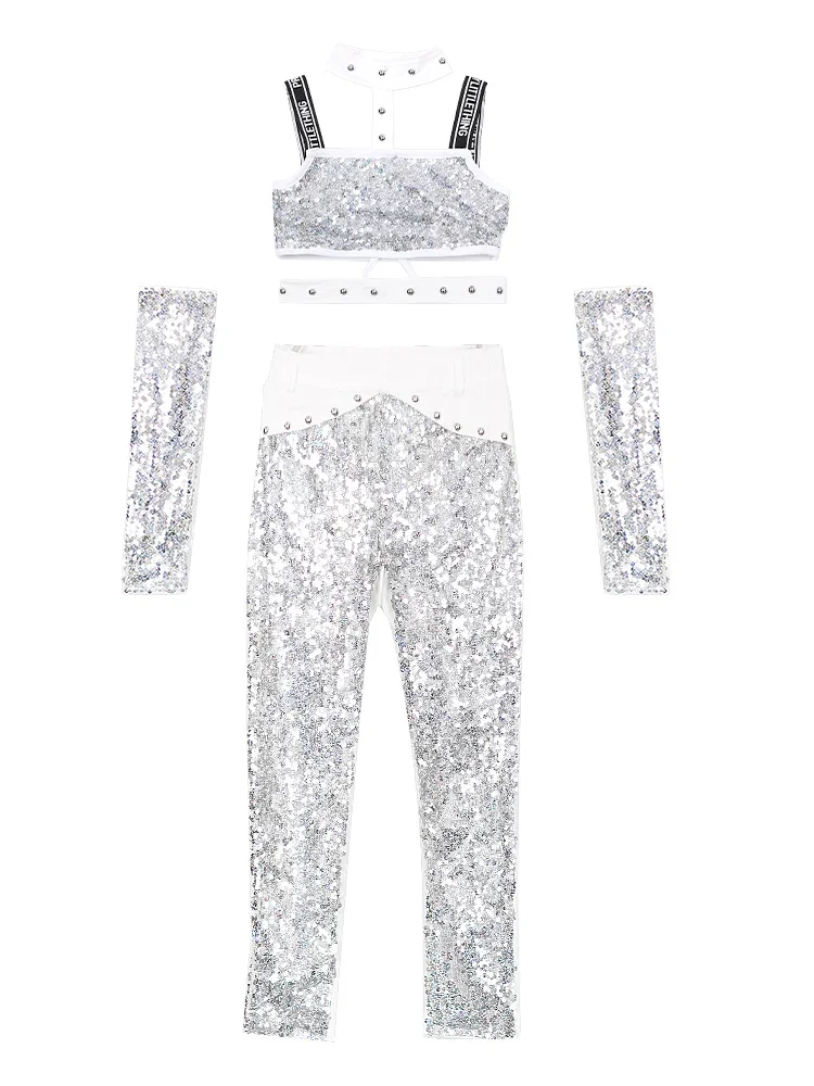 K-Pop Stages Kleidung Weiß Silber Pailletten Kleid Anzug Runway Performance Show Wear Y2K Mädchen Urban Street Dance Jazz Outfits