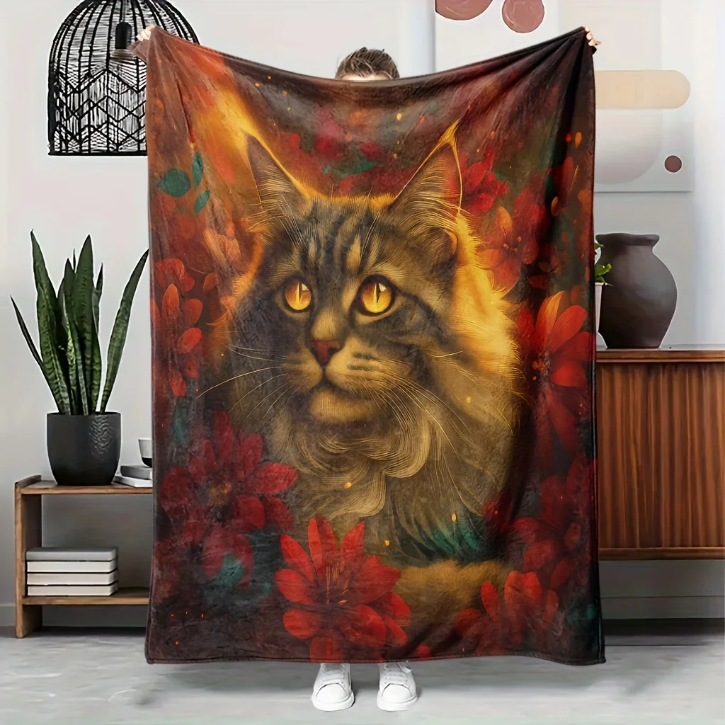 Artistic Cat Floral Throw Blanket Cozy Decor Lap Throw Sofa Accent Pet Lover Gift For Winter Autumn Picnic Beach Home