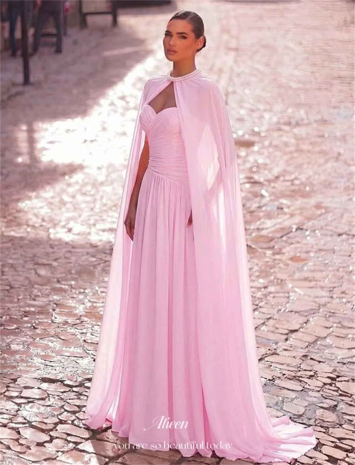Aileen Pink Prom Dress A-Line Sweetheart Sleeveless Evening Dresses Bodice Pearl-Embellished Cape Keyhole Cut-Out Fit Customized
