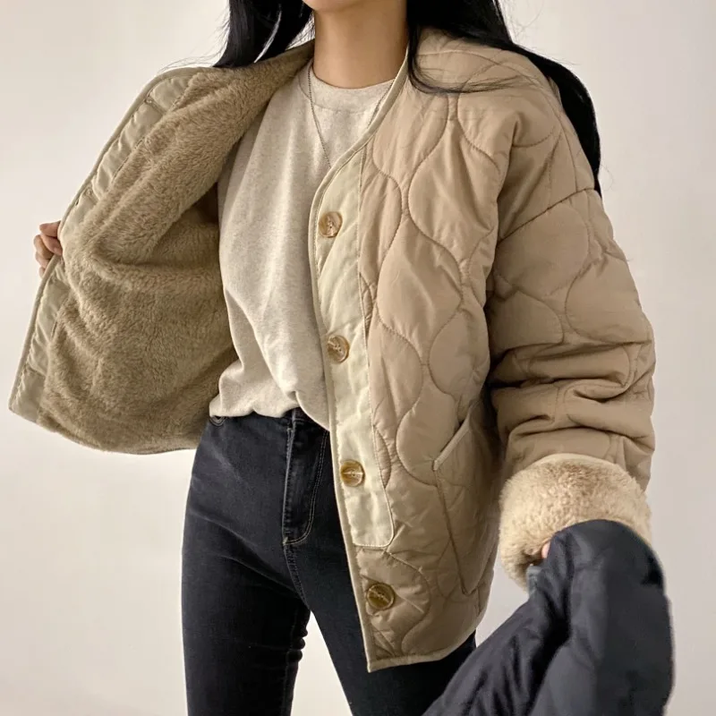 Double-sided Winter All-match Tops Diamond Single-breasted Loose Lamb Wool Cotton-padded Coats 2024 Winter Korean Chic Jackets