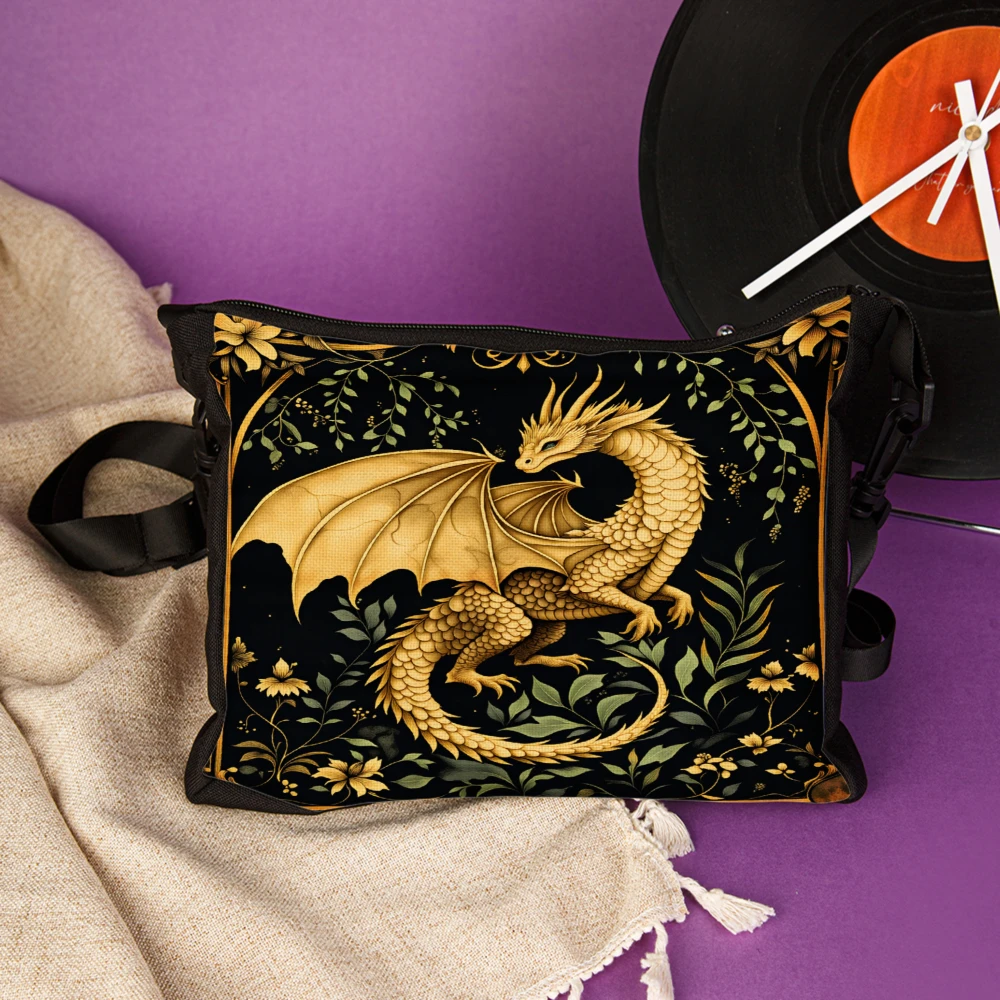 Golden Dragon Print Crossbody Bag Black Fantasy Mythical Creature Design Shoulder Bags For Women Men Fashion Statement Accessory