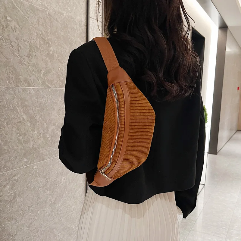 Fashion Corduroy Women Waist Bag Student Ladies Shoulder Crossbody Zipper Chest Bag Phone Banana Female Bags