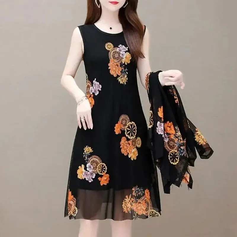 Vintage Flowers Printed Midi Dress Sets Commute Two Piece Women\'s Clothing Summer Thin Casual Oversized A-Line Matching Sets New