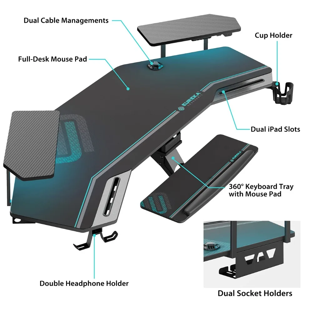 2024 New Gaming Desk with Led Lights, 72" Large Wing-Shaped Studio Desk W Keyboard Tray Monitor Stand