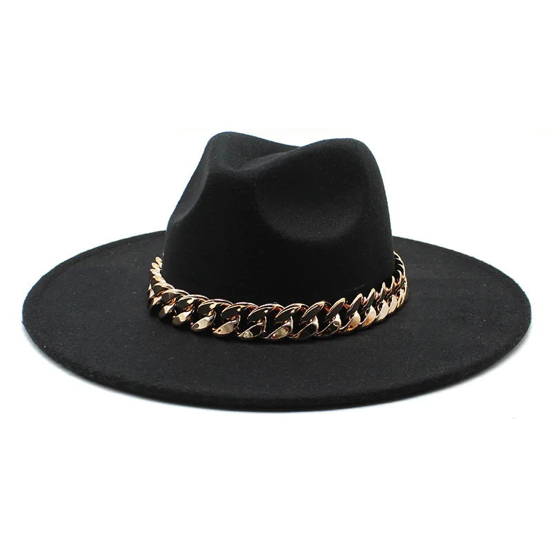 European And American Style Autumn And Winter Broad Brimmed Hat Thick Chain Flat Brim Top Hat Men And Women Woolen Fedora Hat