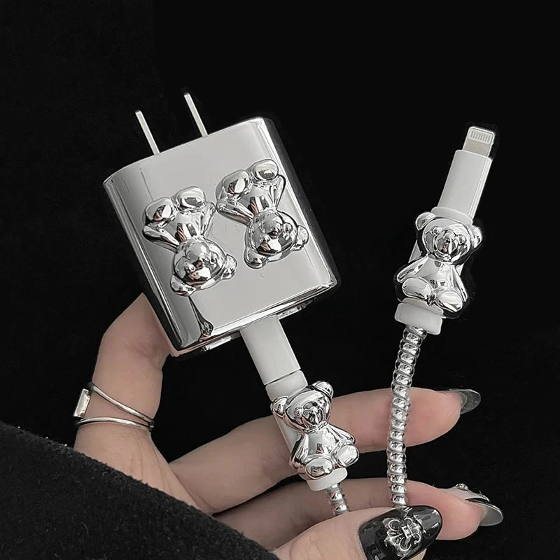 Silver Charger Protector Cable Organiser for iPhone 14 Pro Max 13 12 11 18W 20W Type C USB-C Management Kits Bear Sleeve Cords