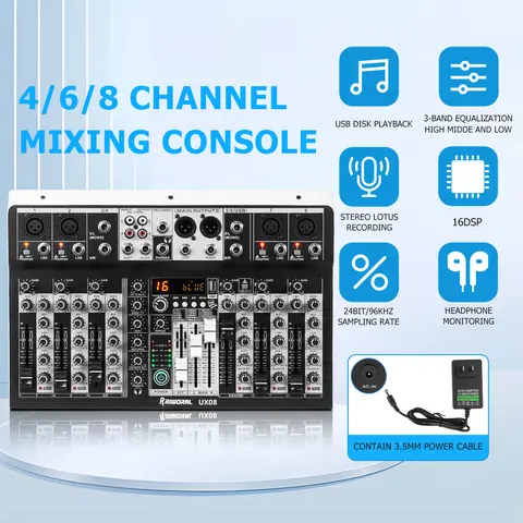 Audio Mixer 8 Channel 99 DSP Effect Record PC 48V Phantom Power USB Sound Mixers Bluetooth DJ Console Mixing for Karaok