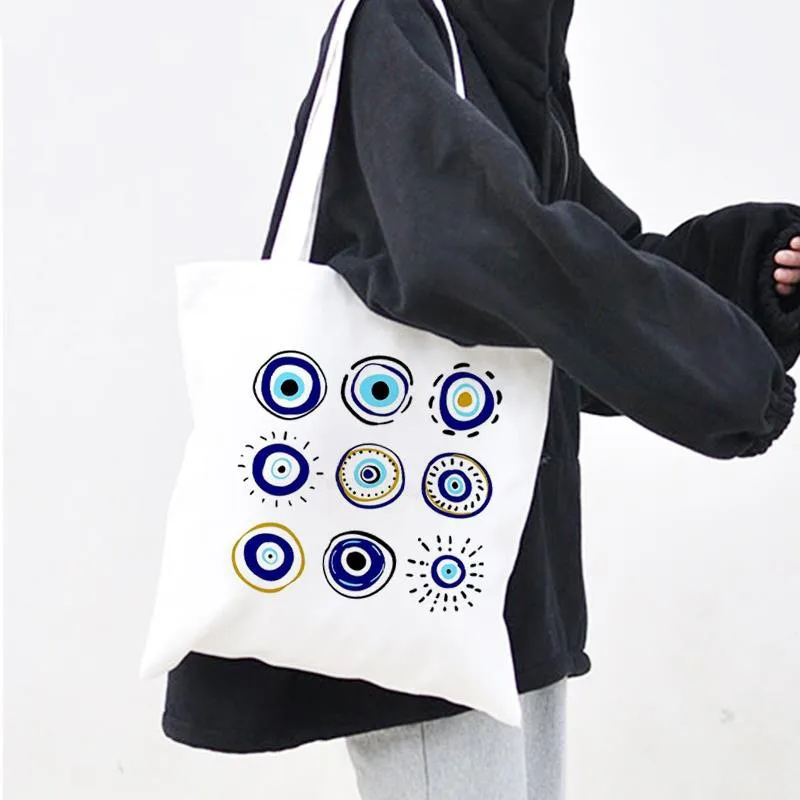 Blue Evil Eye Women Tote Handbag Canvas Women Shoulder Bags Harajuku Eco Large Capacity Portable Shopping Bag Fashion Girls Bags