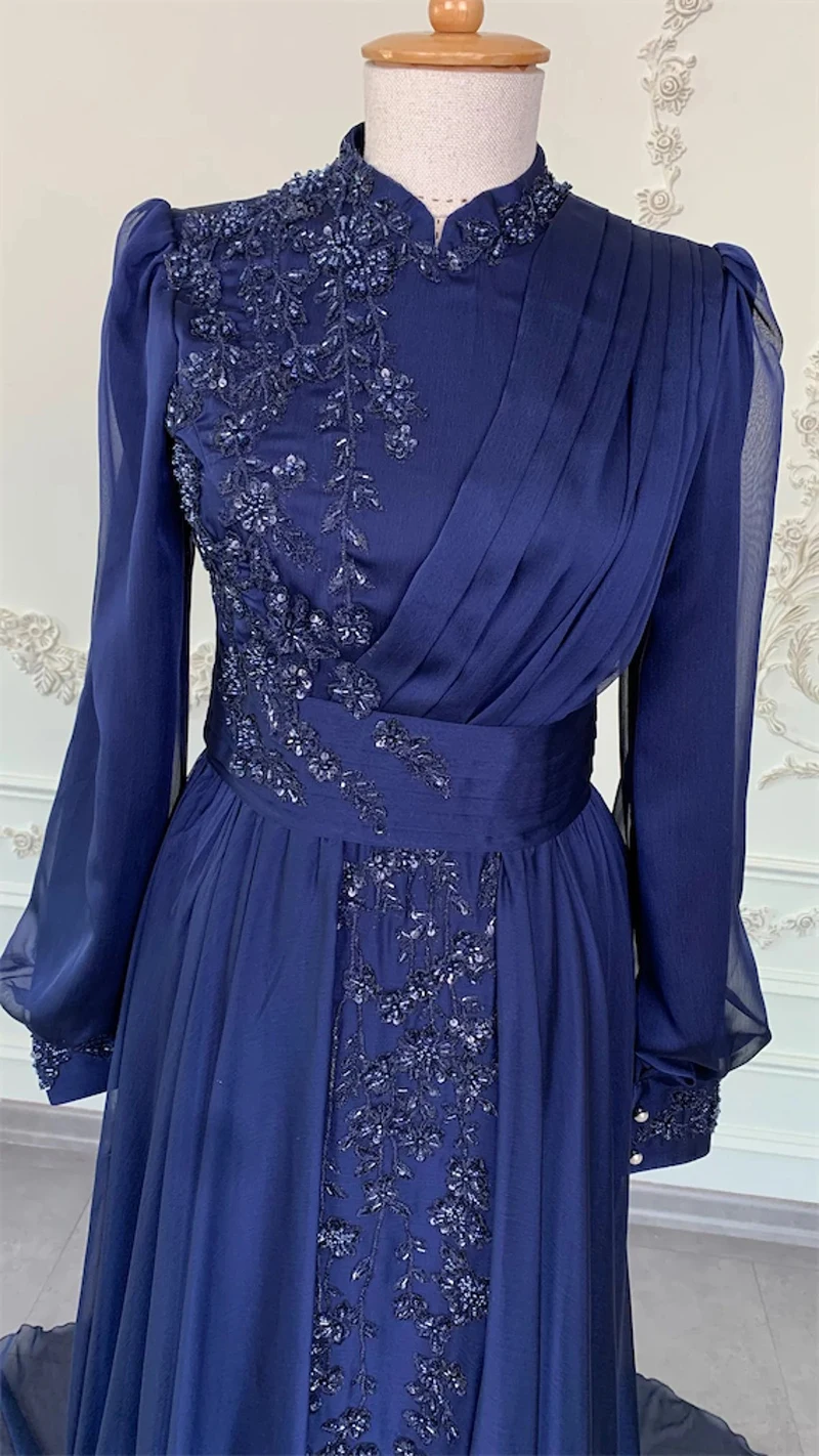 Royal Blue Long Sleeve Muslim Hijab Evening Dresses High Neck Moroccan Caftan Chiffon Appliques Formal Party Gown Robe De Soiree