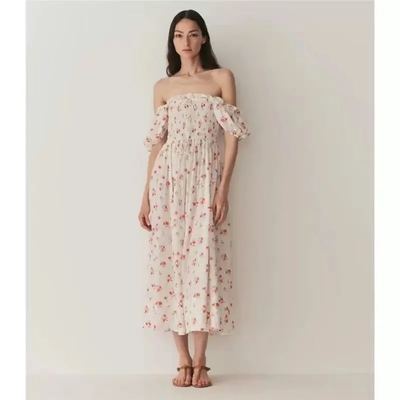 

Robes for Women 2024 New Spring Summer Cotton Flower Printed Square Collar Elastic Waist Retro Short Sleeve Long Dress