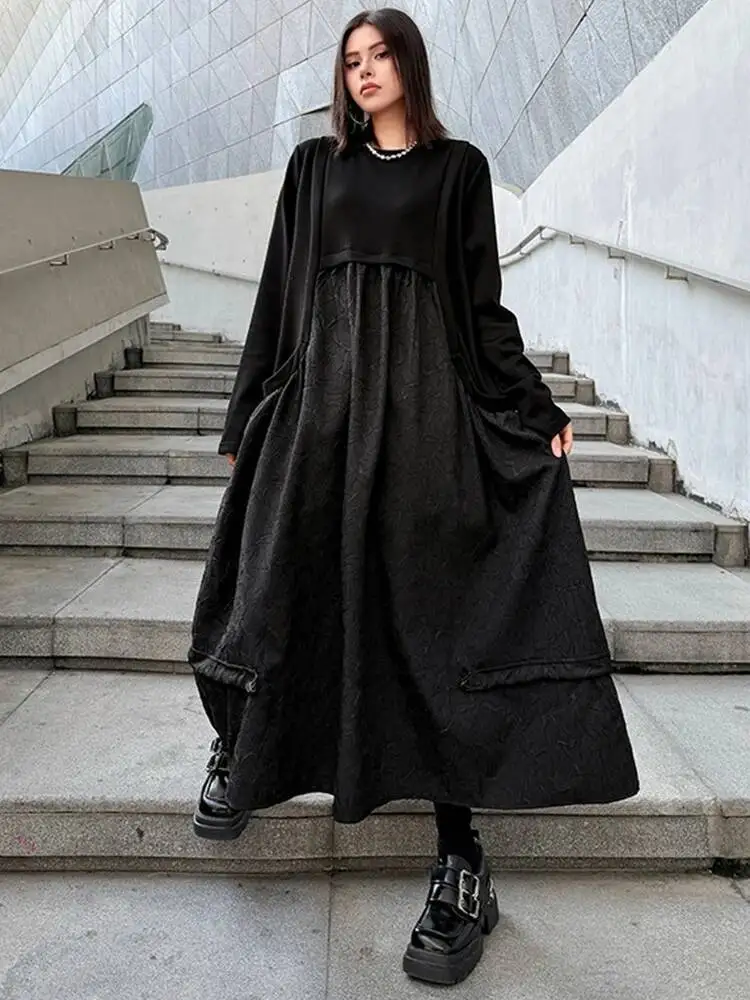 Black Drawstring Women Spliced Big Size Midi Dress New Round Neck Long Sleeve Fashion  Spring Autumn 2026 BFPH