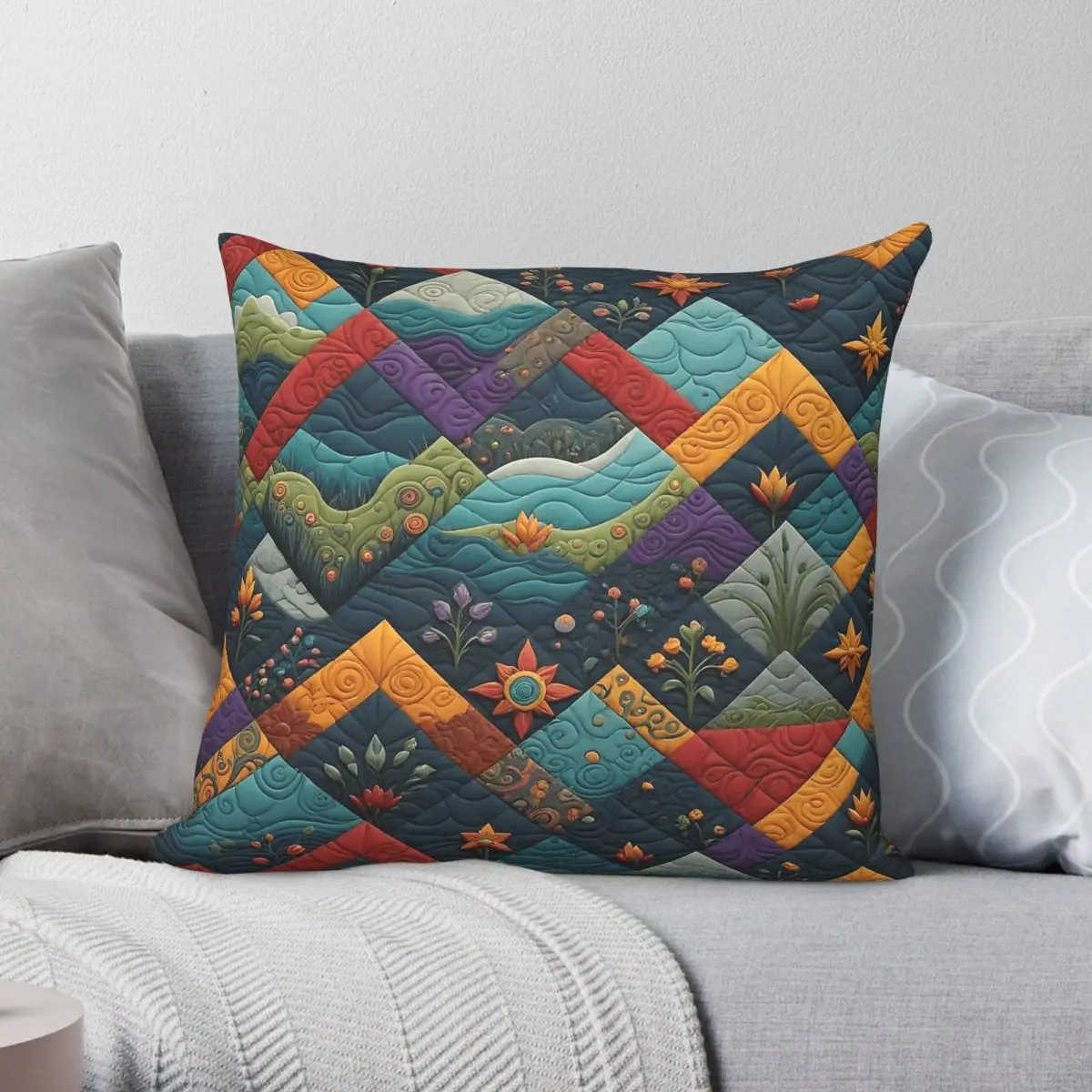 Colorful Quilter Patchwork Square Pillowcase Polyester Linen Velvet Creative Zip Decor Room Cushion Cover 45x45