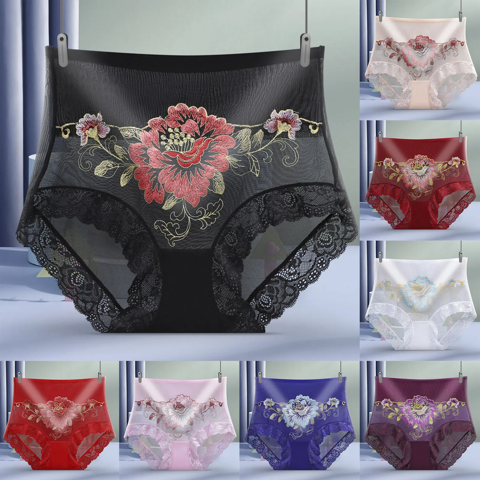 

Women's High Waist Comfortable Underpants With Print Flower And Lace Decor Costume 2024 Breathable Intimates Panties For Women