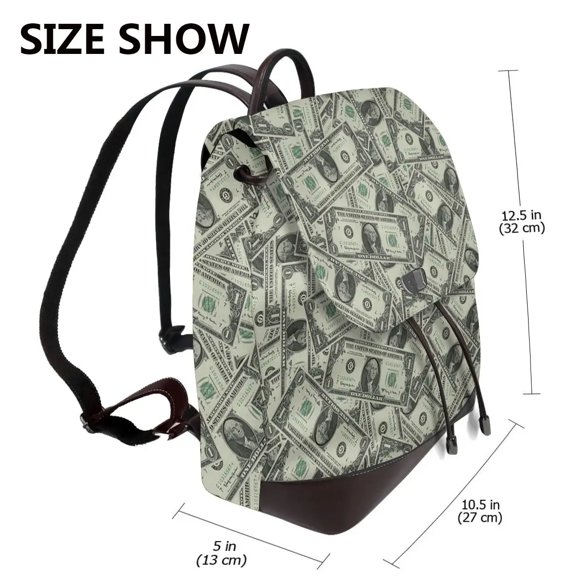 Money Dollars Bill Pattern Bookbag School Student Bags Hiking Travel Daypack for Women Fashion Derma Backpack