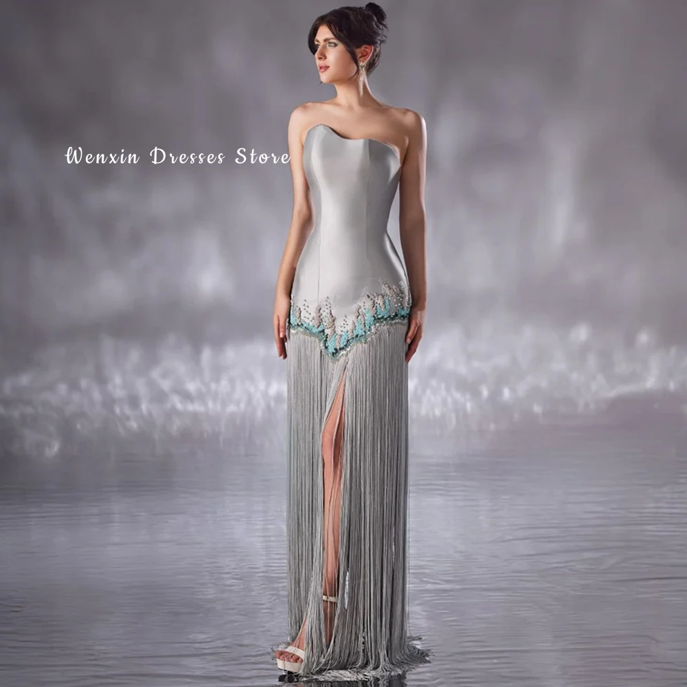 Silver Satin and Tassel Evening Dress Customized Strapless Sleeveless Celebrity Gowns Luxury Pearls Formal Occasion Gowns image 3