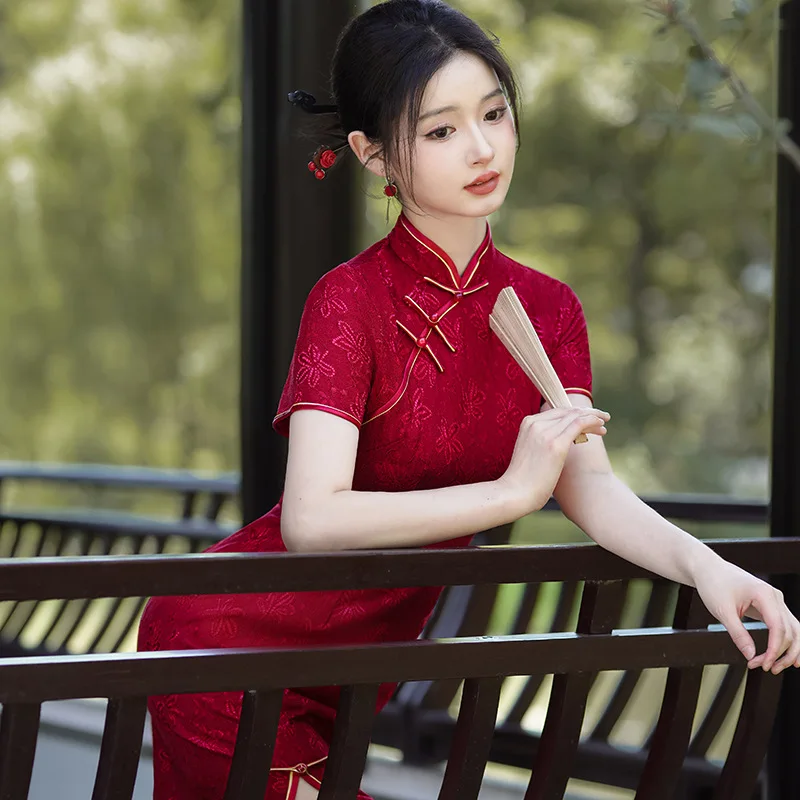 

Sexy Lace Cheongsams Dress Women Long Evening Party Qipao Elegant Vestidos Femme Mujer Red Chinese Tradition Wedding Dress Gown