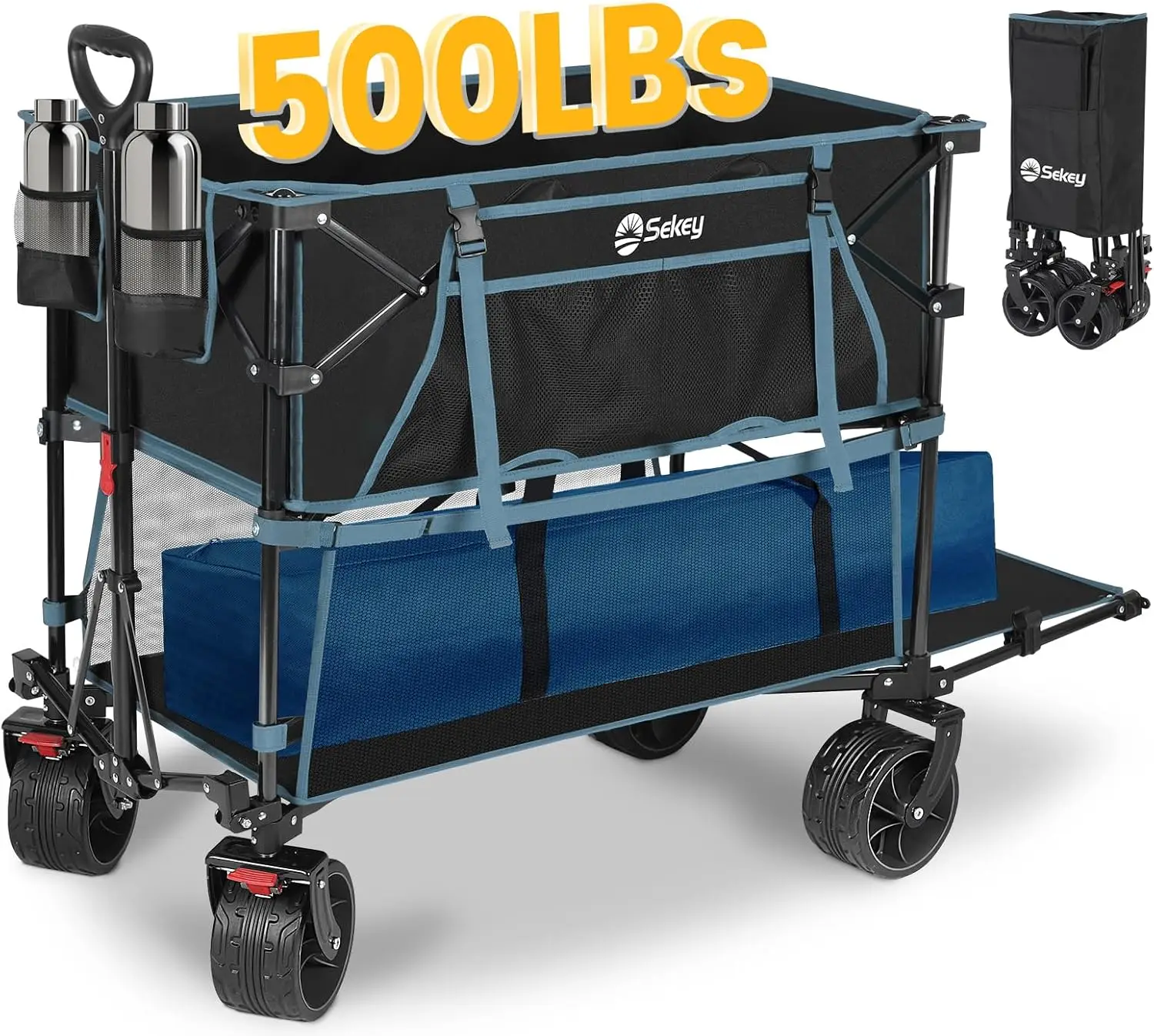 

400L Double Decker Beach Wagon 50''L Extra-Long Extended Shelf, Collapsible Wagon Cart with 500lbs Capacity, Garden. Black&Blue