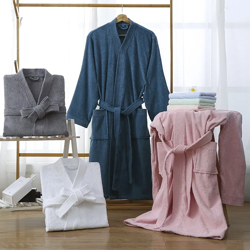 100%Cotton Long Thick Absorbent Terry Bath Robe Kimono Men LightWeight Waffle Towel Bathrobe Solid Sleepwear Women Dressing Gown
