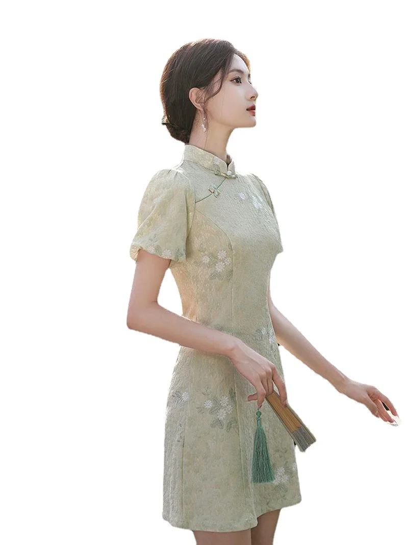 Robe courte à fleurs pour femmes, Cheongsam améliorée, Slim Vintage, Costumes de fête d\'été, Doux Qipao, Vert, S à média