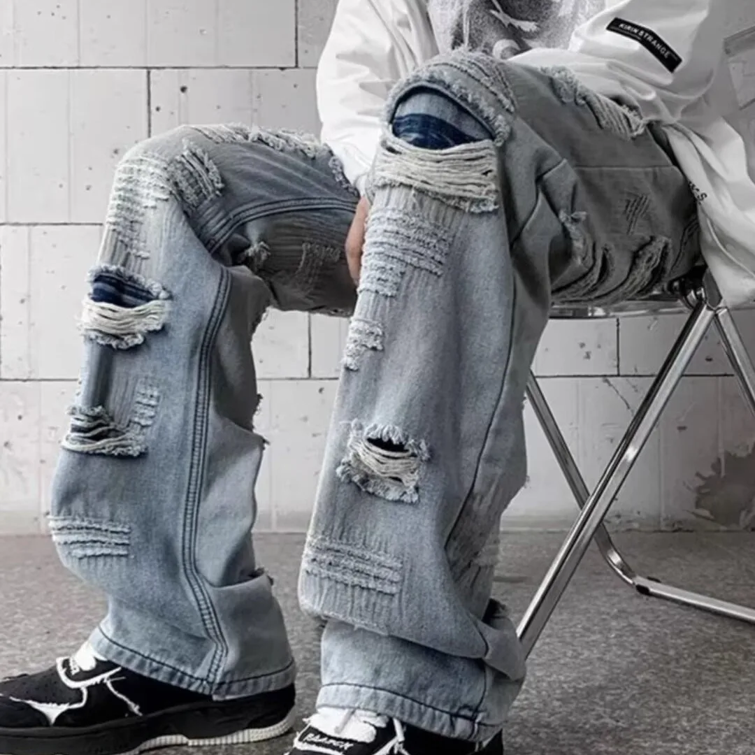 

Waed Loose Vintage Men's Jeans Spring Autumn High Street Break Hole Micro Flared Casual Denim Pants Teenager Straight Fit
