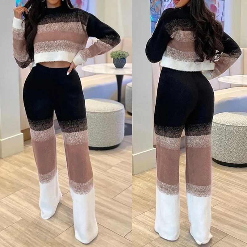 OMSJ 2024 Ice Cream Color Contrast Striped Off-waist Top & High Waist Wide Leg Pants Casual Trendy Female Streetwear Fall Winter