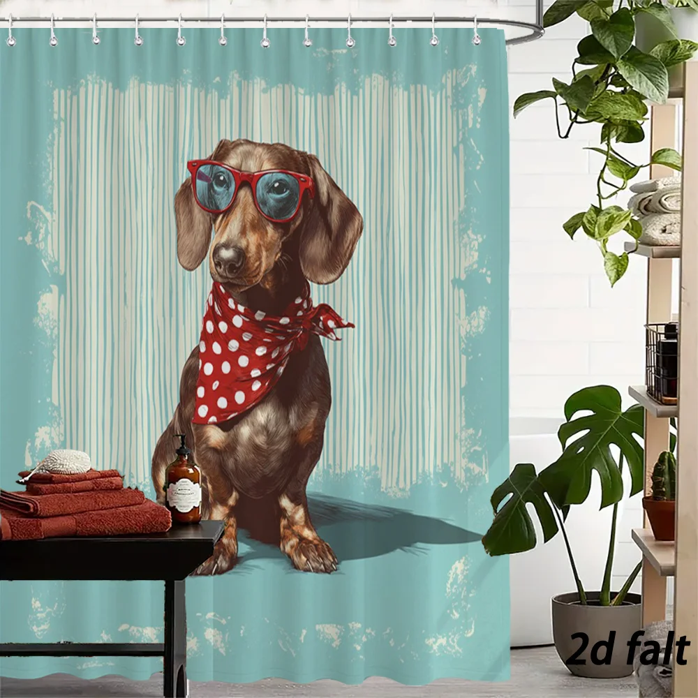 Cute Dog Portrait Shower Curtain with Sunglasses and Red Bandana for Bathroom Decor