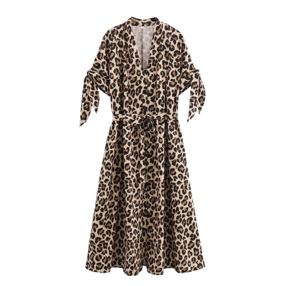Abito camicia con stampa leopardata cintura da donna abiti Midi pieghettati per donna abito lungo con bottoni estivi abito femminile a maniche corte