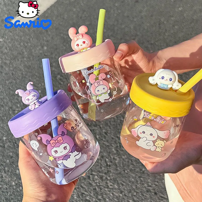 

Sanrio Kuromi Mymelody Cinnamoroll Cute Cartoon Glass Fairy Cups Milk Cups Summer Water Cups with Graduated Straw Cups Girl Gift