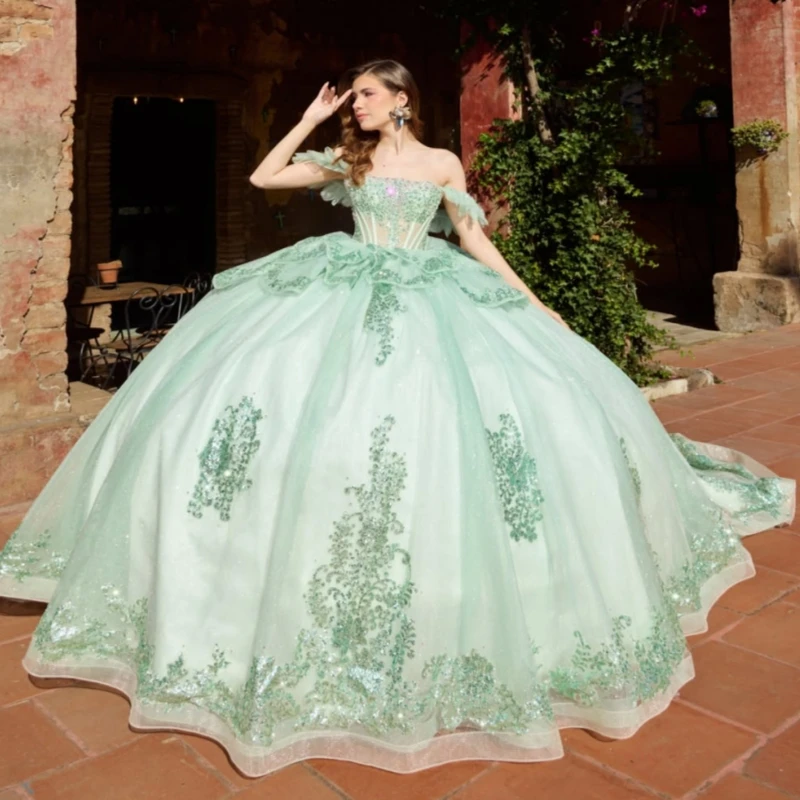

Light Green Shiny Ball Gown Quinceanera Dresses Sequin Applique Lace Beading Crystal Bow Tull Corset Off The Shoulder Sweet 16