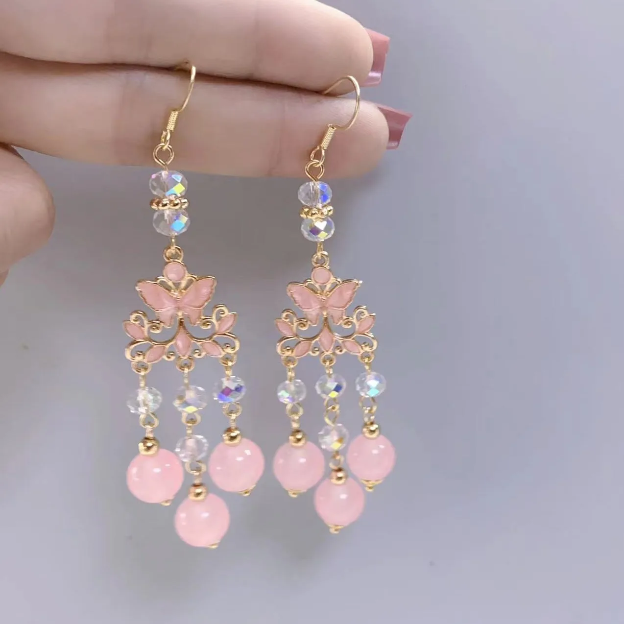 

Vintage palace style pink tassel earrings, classical new Chinese Hanfu heavy industry earrings, ear clips