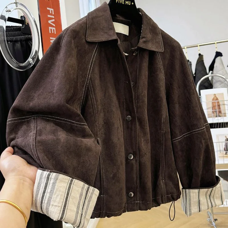 

Повседневная короткая куртка в корейском стиле, женская весенне-осенняя полосатая лоскутная верхняя одежда с длинными рукавами, однобортный топ с лацканами в стиле ретро