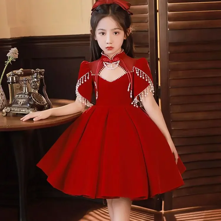 

Wedding Piano Performance Dress y1042 Girls Elegant Red Princess Ball Gown Children Birthday Baptism Party