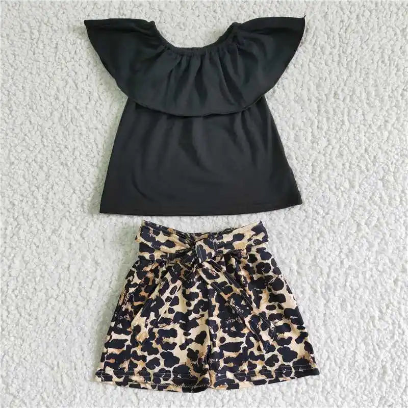 

Wholesale Baby Girl Lotus Leaf Collar Clothing Children Summer Black Cotton Top Toddler Leopard Belted Shorts Kids Outfit Set