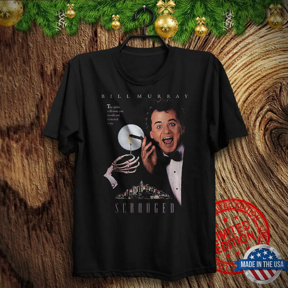 تي شيرت أسود M 4XL Bill Murray Scrooged Vintage1988 عيد الميلاد السنة الجديدة الأرواح