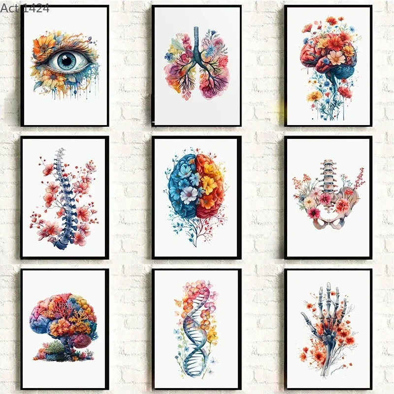 Anatomy of Human Organs Posters Flower Lungs Watercolor Neurology Psychologist Canvas Painting Wall Picture Medical Office De