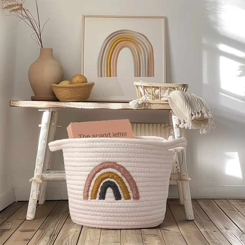 

Nordic Rainbow Handwoven Storage Basket Multi-functional Organizer Kids Toys Desktop Sundries Kids Room Table Decor