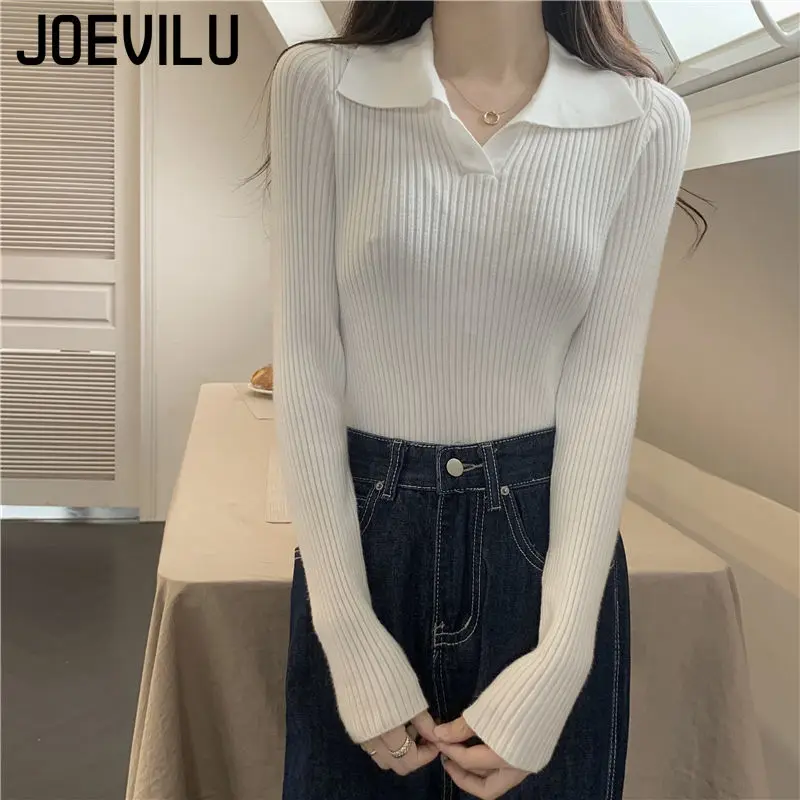 Pit Stripe Sweater Polo Collar Long Sleeve Pullover Women\'s Korean Fashion Jumper Autumn Casual Pulls Bottom Tops Y2k Clothes