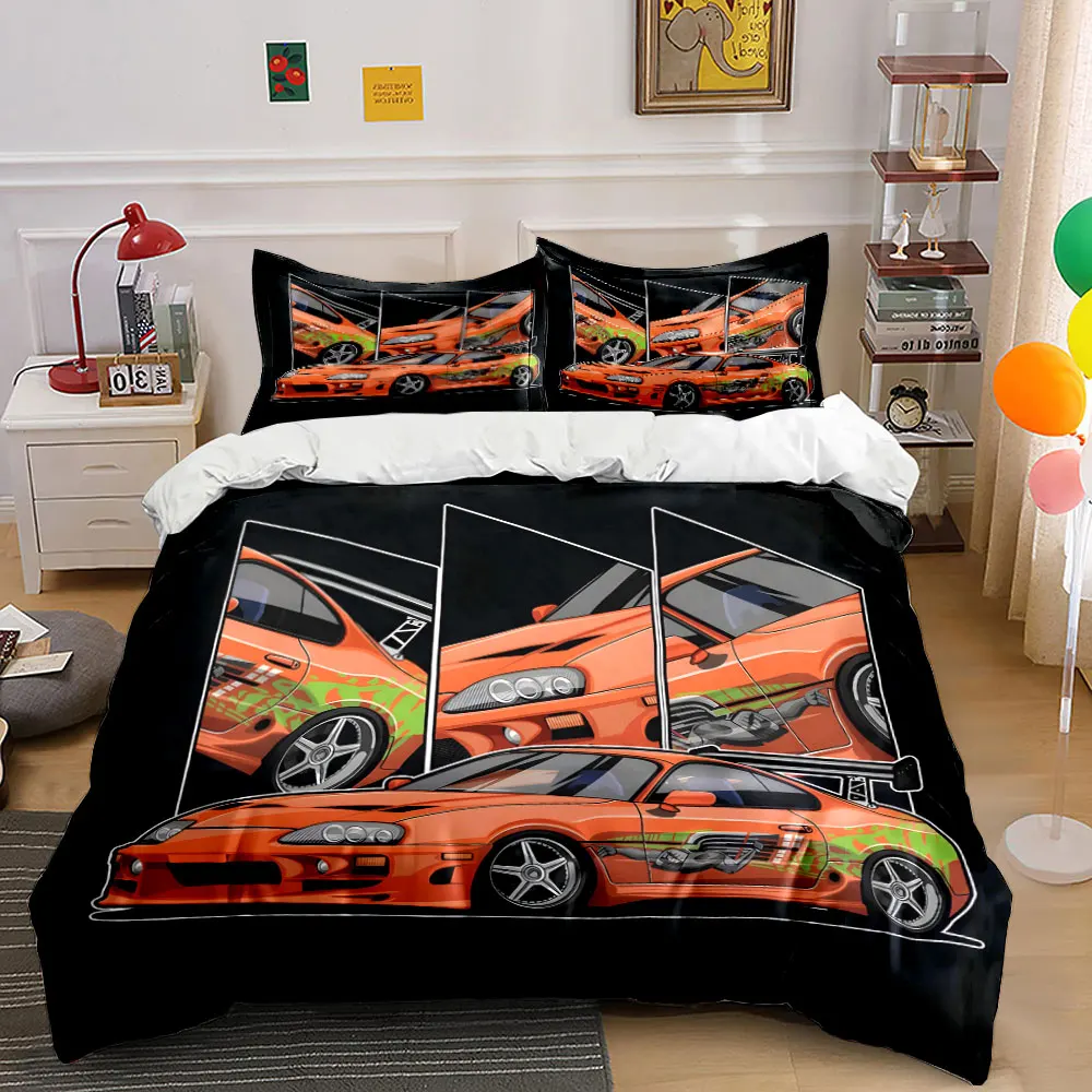 

Orange Modified Sports Car Pattern Duvet Cover Set Digital Print Colorful Polyester Bedding with Zipper Closur for kids gifts