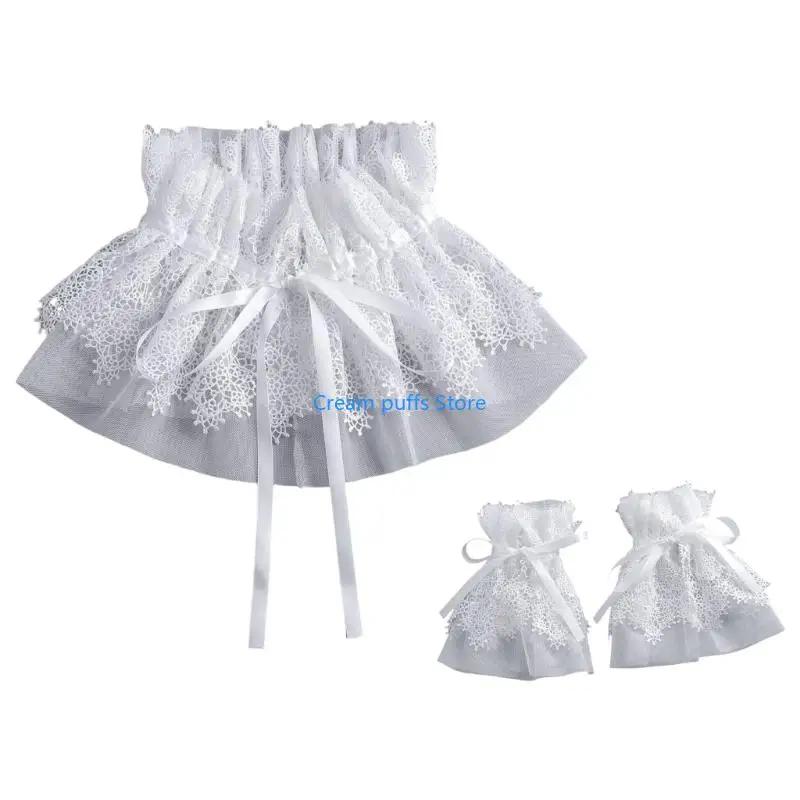 50LE Tie Front False Collar and Hand Cuffs with Embroidered Sheer Lace Trim