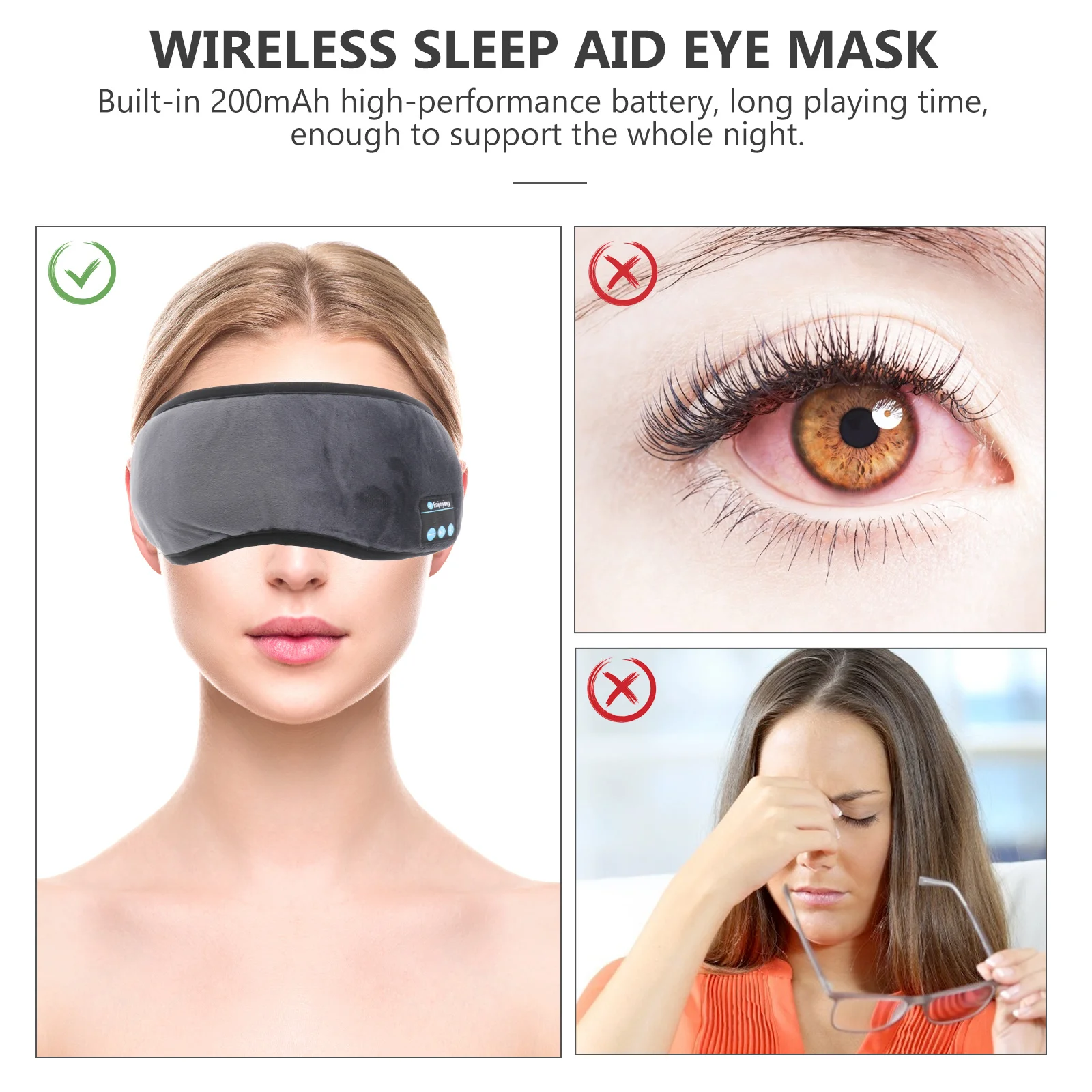 

Wireless Sleep Headphones Eye Mask -01 Grey Adjustable Sleep Headset Long Life Eye Patch Handsfree
