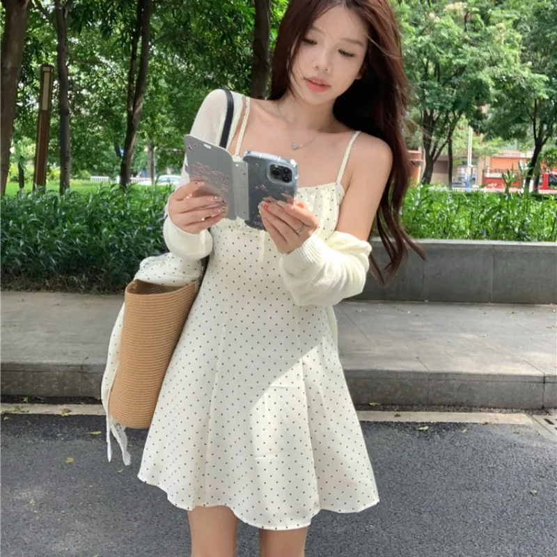 Mini Sleeveless Dresses Women Dot Bow Sweet Lovely Slim Basic Elegant Kawaii Female Popular Minority Spring Summer Vestidos Chic