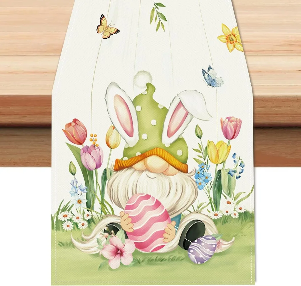 Easter Bunny Gnome Table Runner 13x72 Inch Eggs Rabbit Ears Floral Spring Seasonal Holiday Kitchen Dining Table Decoration