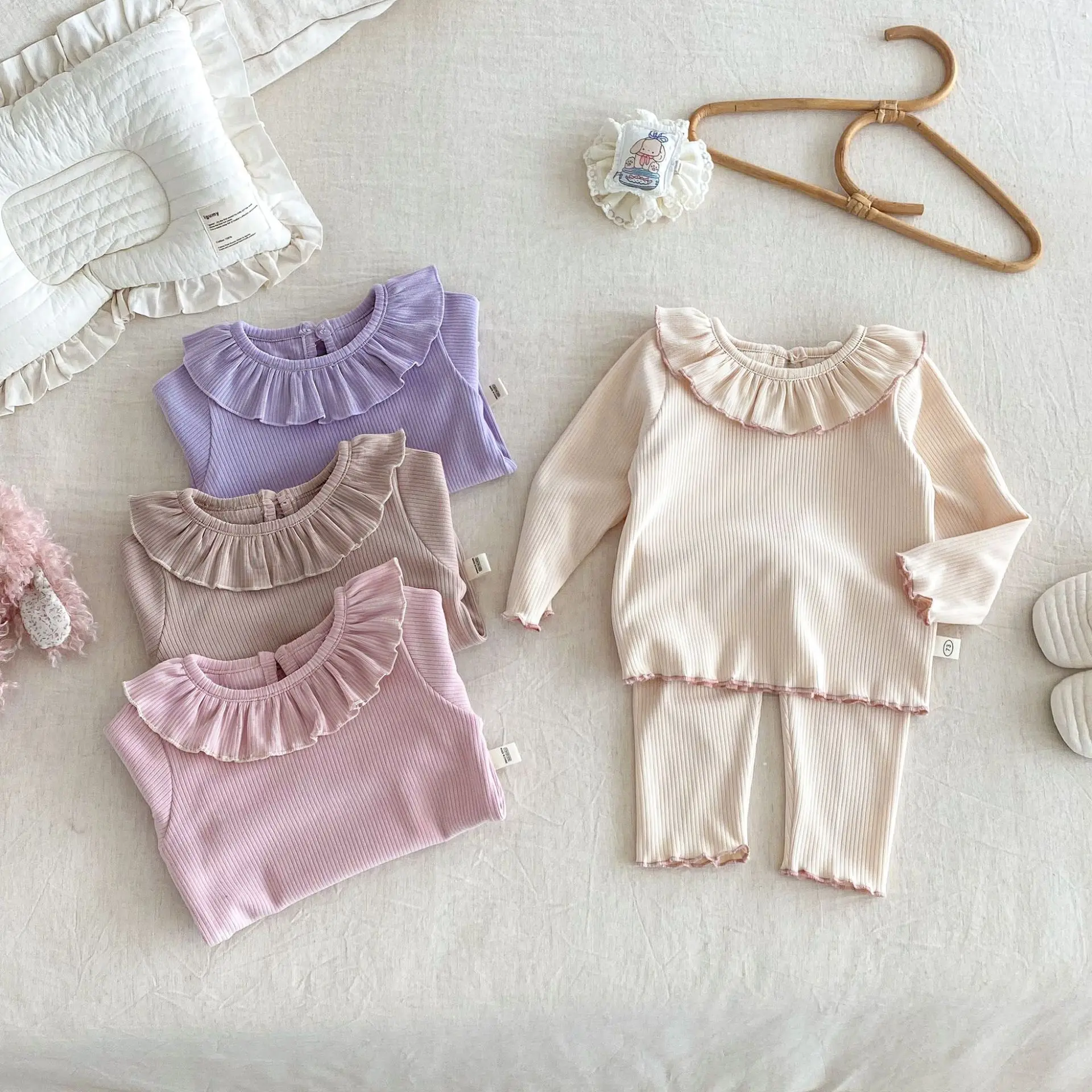 

Baby Girl Ruffle Collar Child Pajamas Sets 2PCS Warm Ribbed Homewear Outfit Soft Comfortable Sleepwear Nightwear for 0-5Y Kids