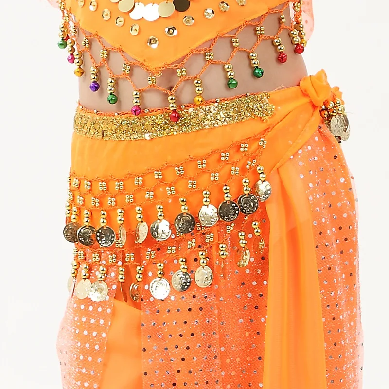 Girls Belly Dance Hip Scarf Kid Coins Practice Bellydance Costume Belt Skirts Towel Waist Hip Skirt Training Clothes Lesson Wear