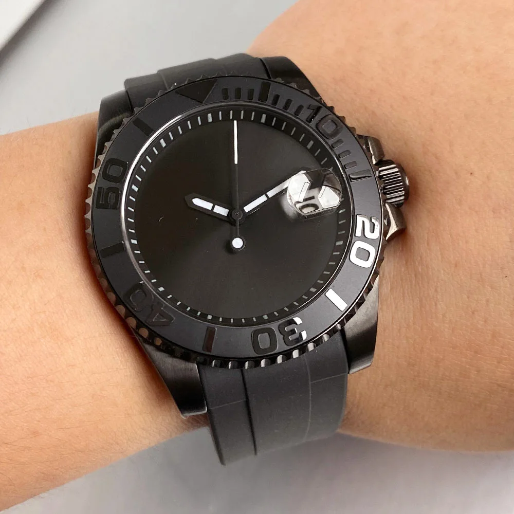 40mm Retro Diving Watch 20ATM Sapphire Glass Full Black Dial Ceramic Bezel Automatic NH35 Asia 2824 Men's Mechanical Watch Date