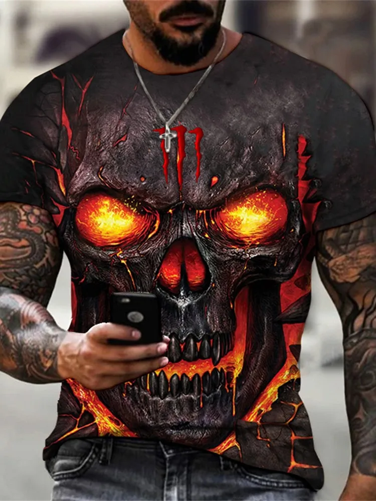 Vintage Men's T-Shirt 3D Hell Skull Summer Classic Casual O Neck Short Sleeve Fashion Loose Oversized Top Short Sleeve