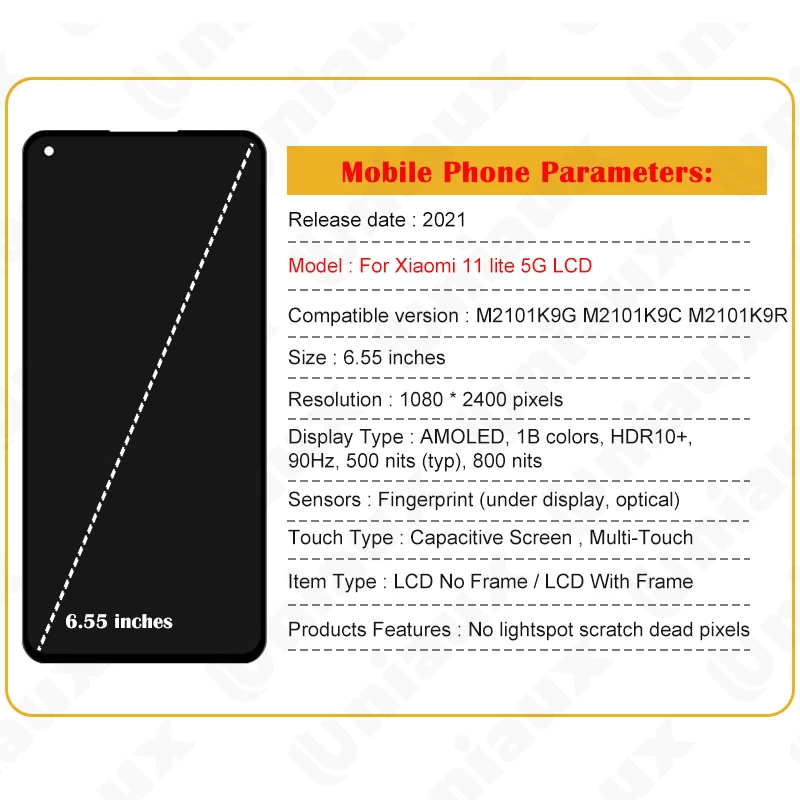 LCD Display Touch Screen Digitizer Assembly, Original AMOLED for Xiaomi Mi 11 Lite 5G, 6.55\